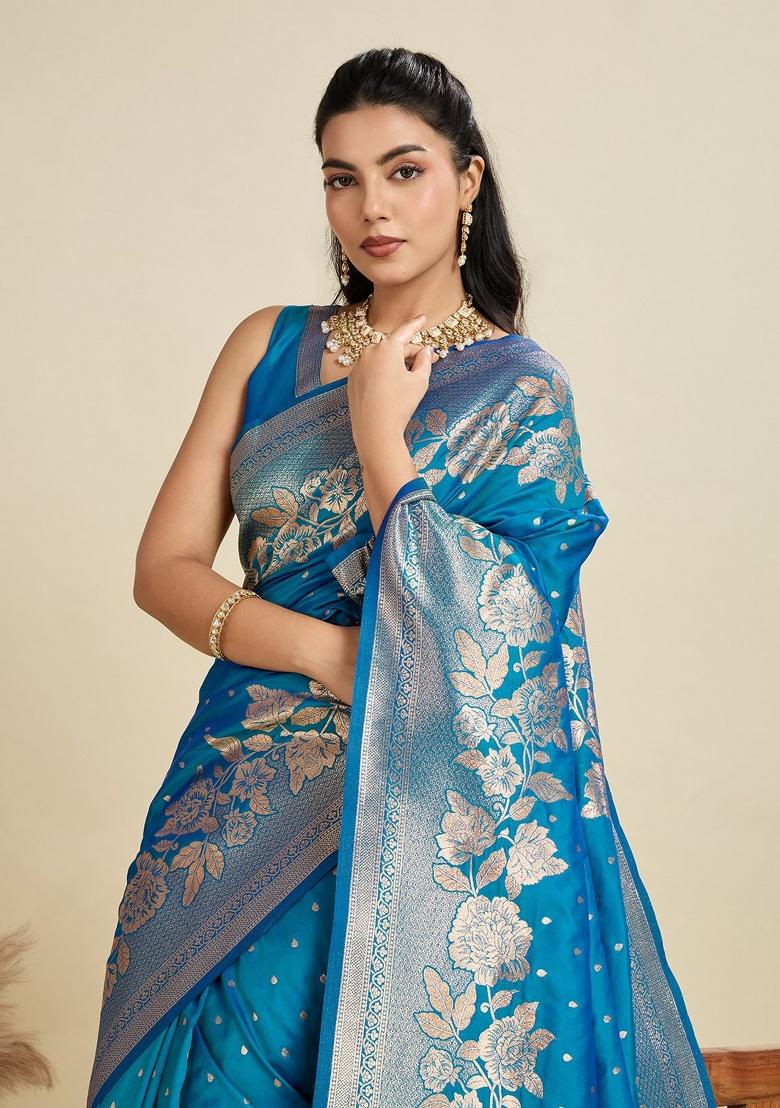 Blue Jacquard Work Silk Saree Set - Indya