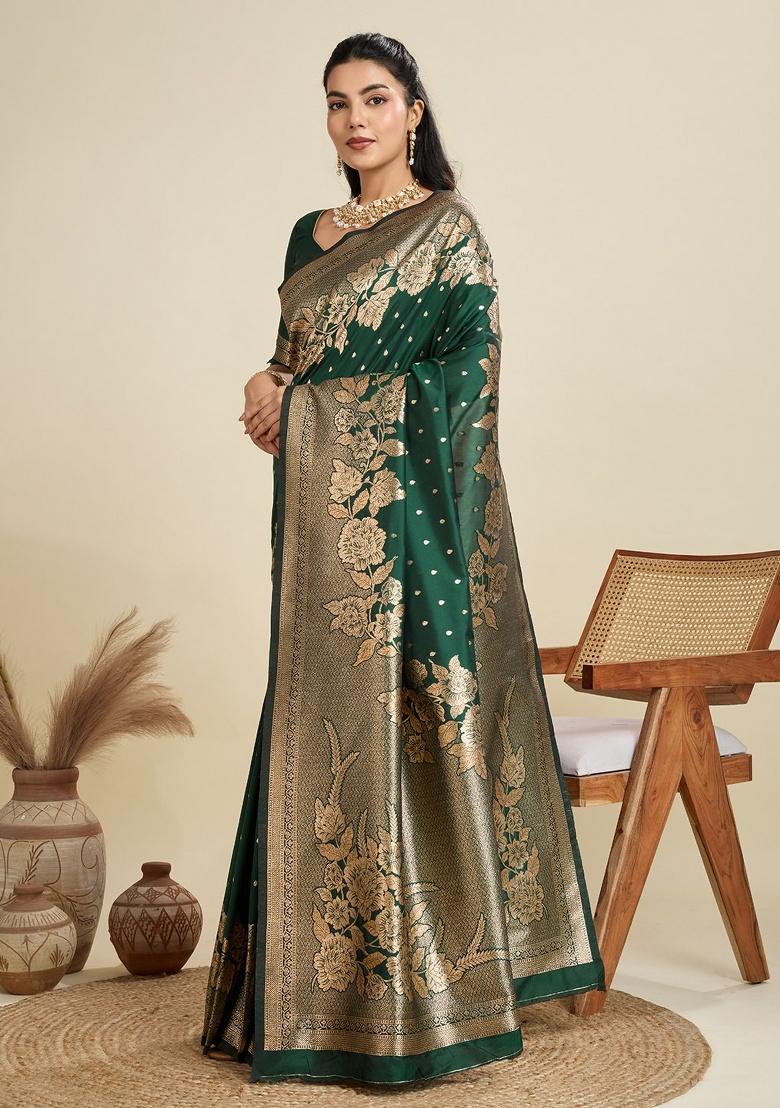 Green Jacquard Work Silk Saree Set - Indya