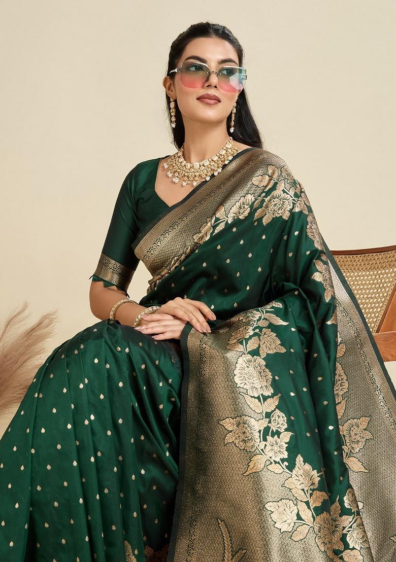 Green Jacquard Work Silk Saree Set - Indya