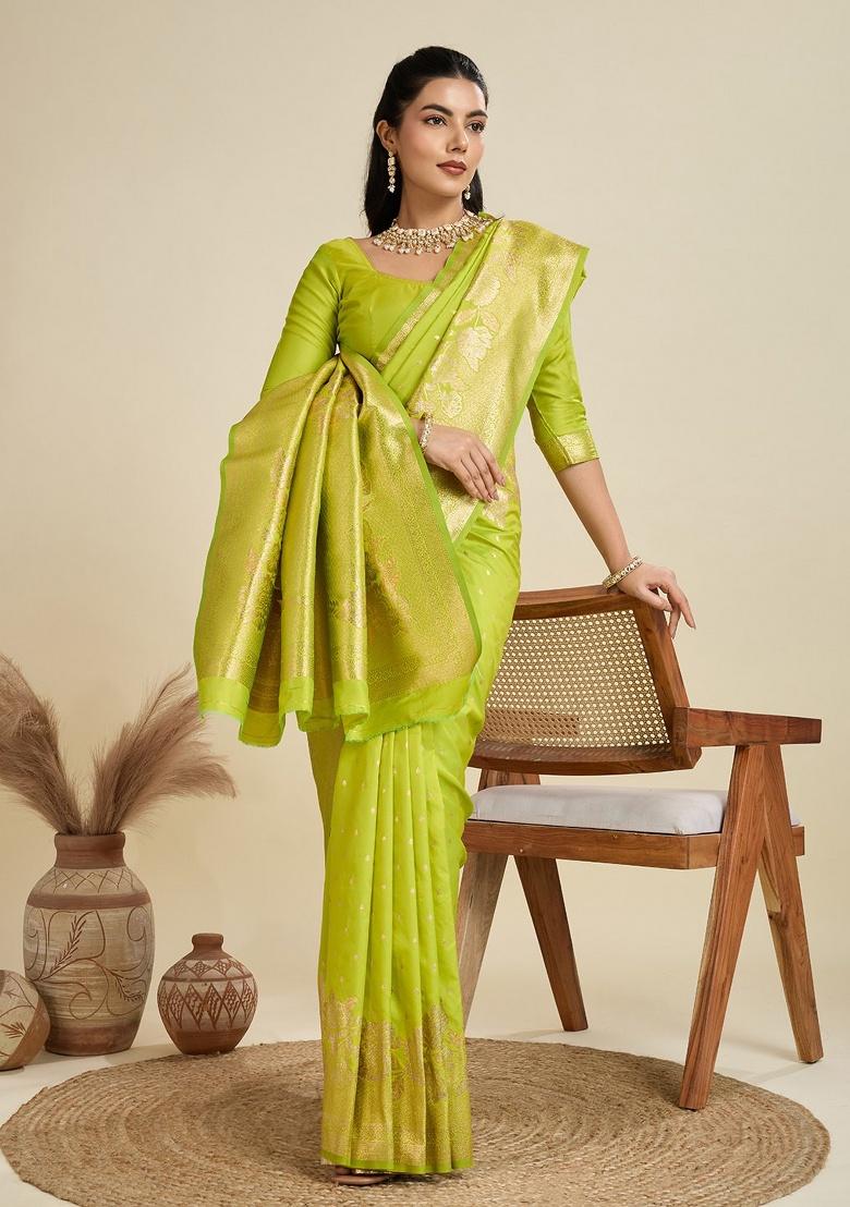 Parrot Green Jacquard Work Silk Saree Set - Indya