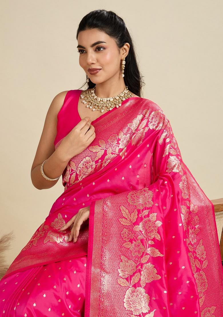 Pink Jacquard Work Silk Saree Set - Indya