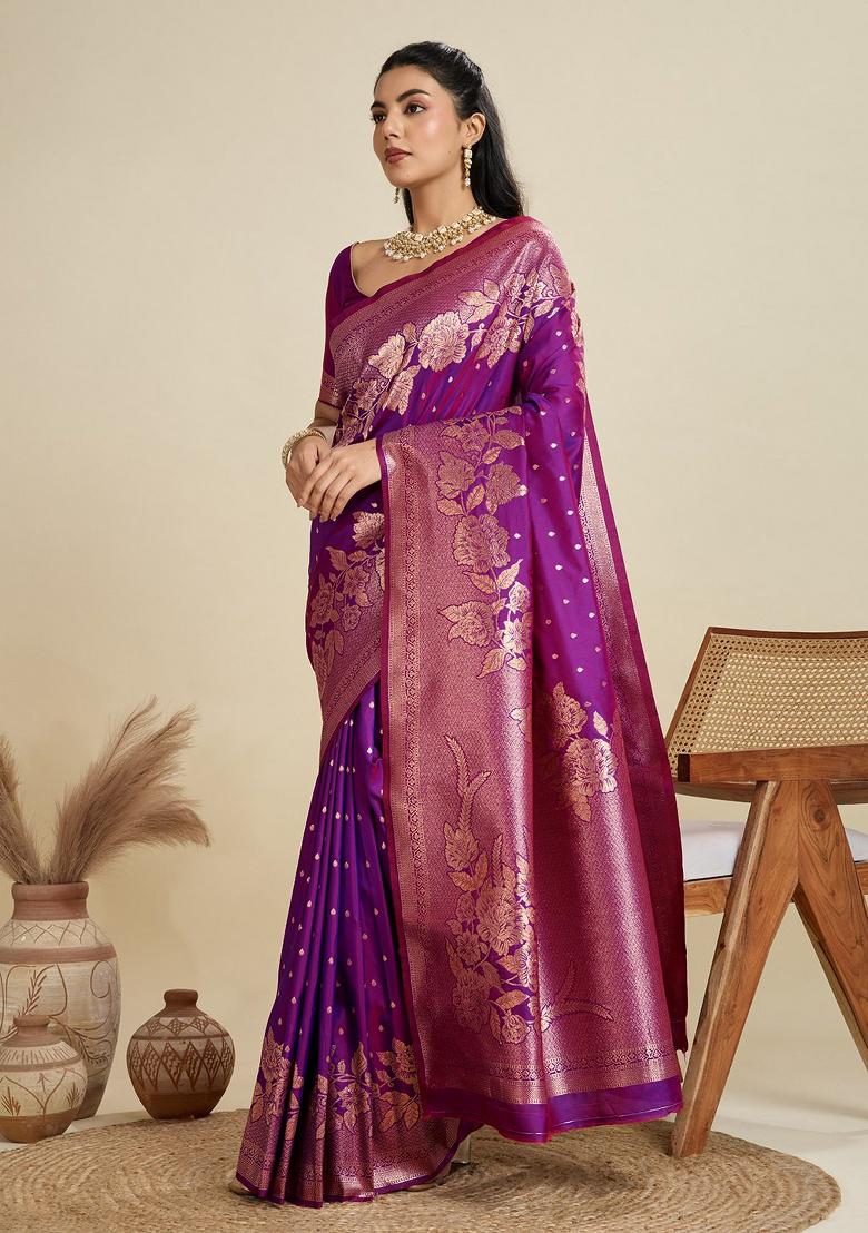 Purple Jacquard Work Silk Saree Set - Indya
