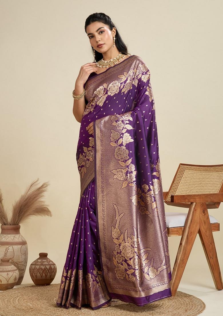 Wine Jacquard Work Silk Saree Set - Indya