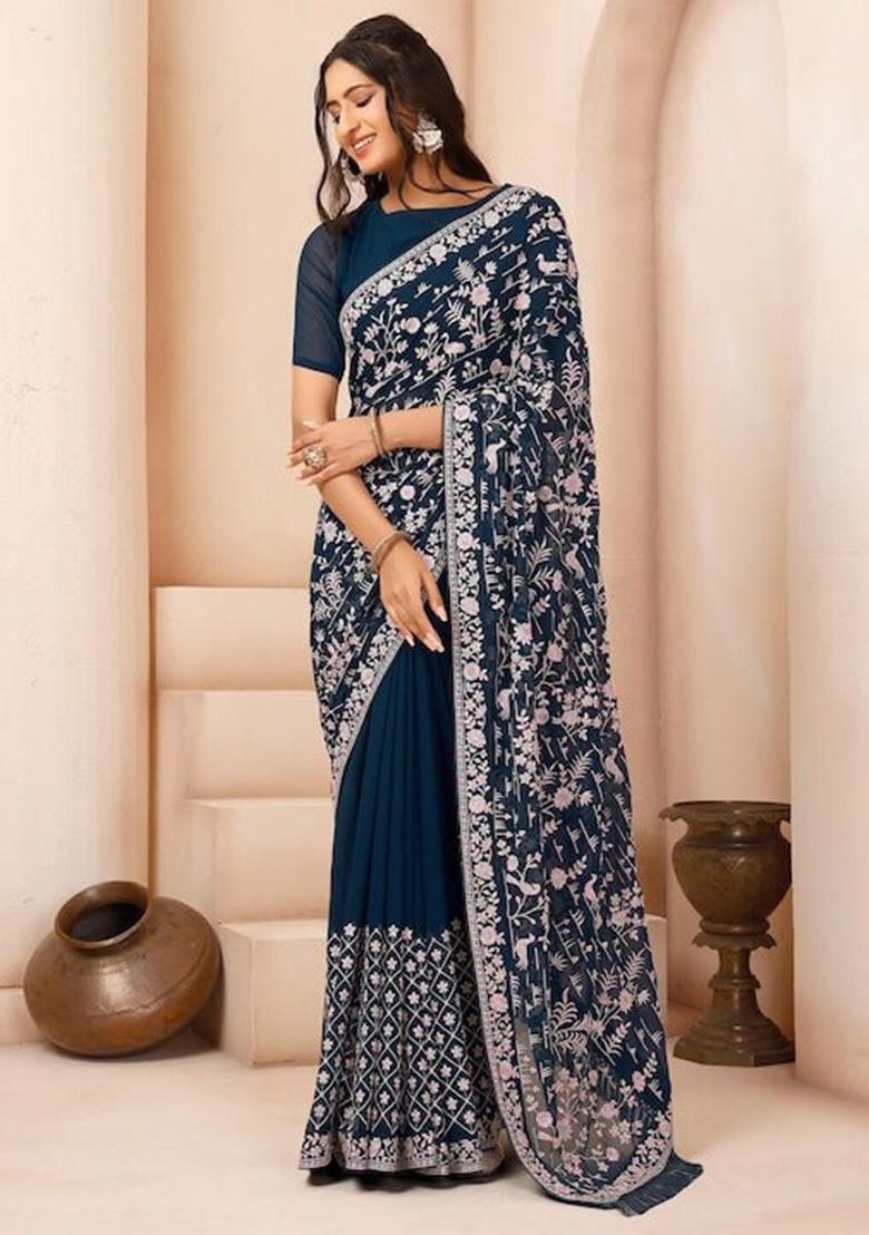 Blue Embroidery Georgette Saree Set - Indya