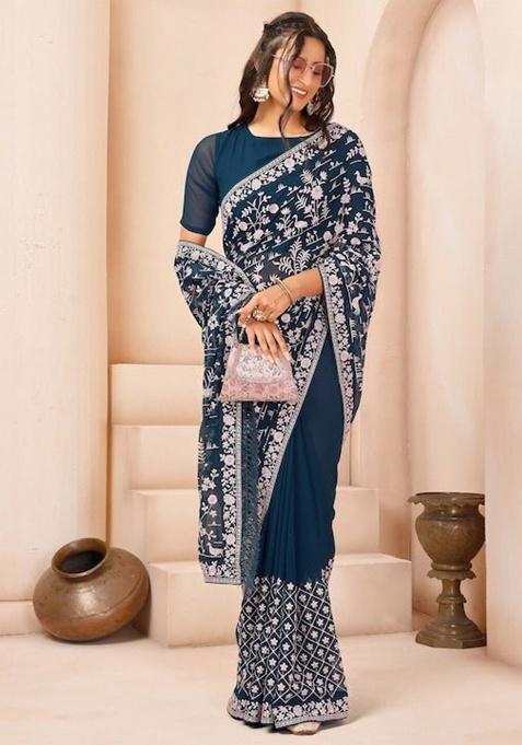 Blue Embroidery Georgette Saree Set