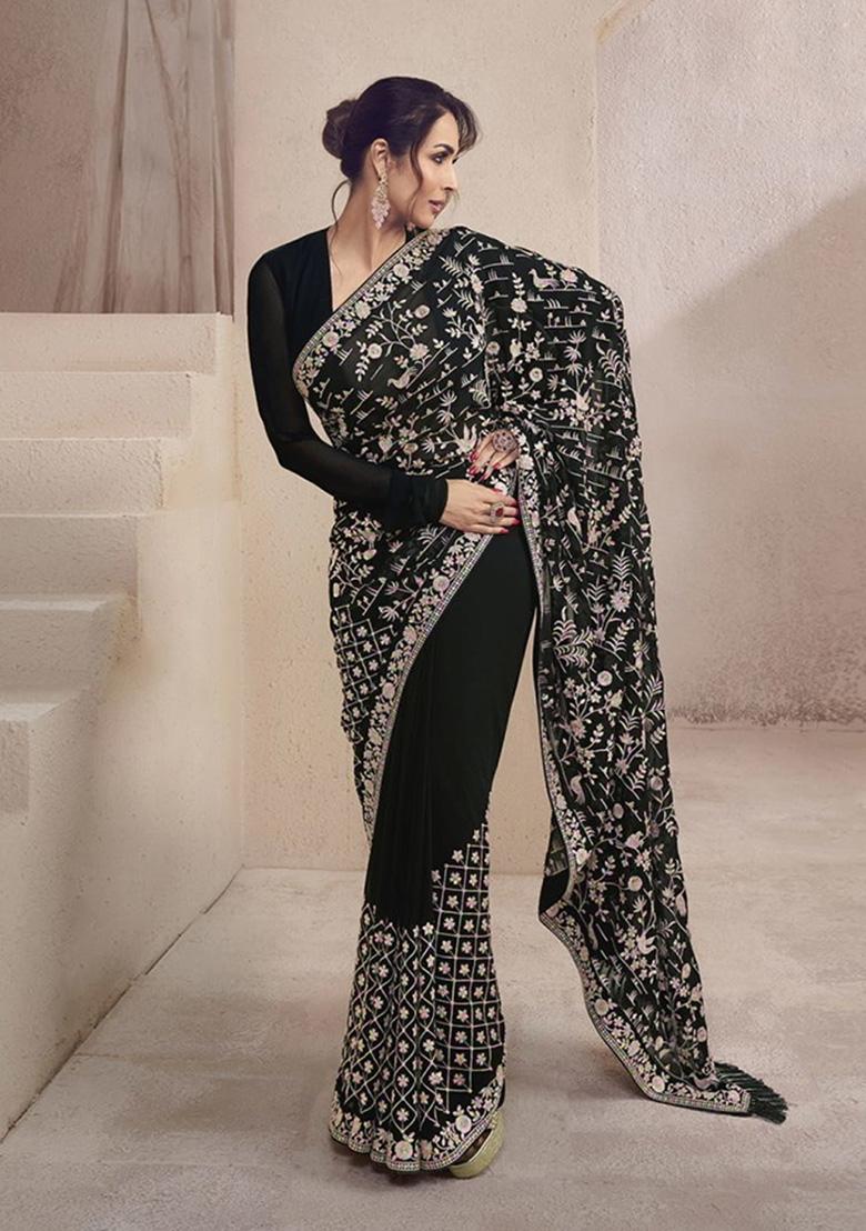 Black Embroidery Georgette Saree Set - Indya