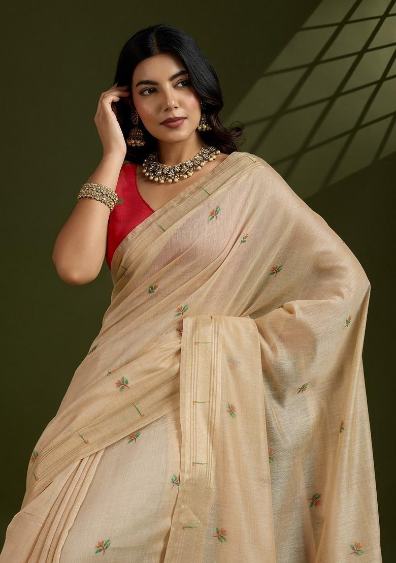 Cream Zari Work Cotton Saree Set - Indya