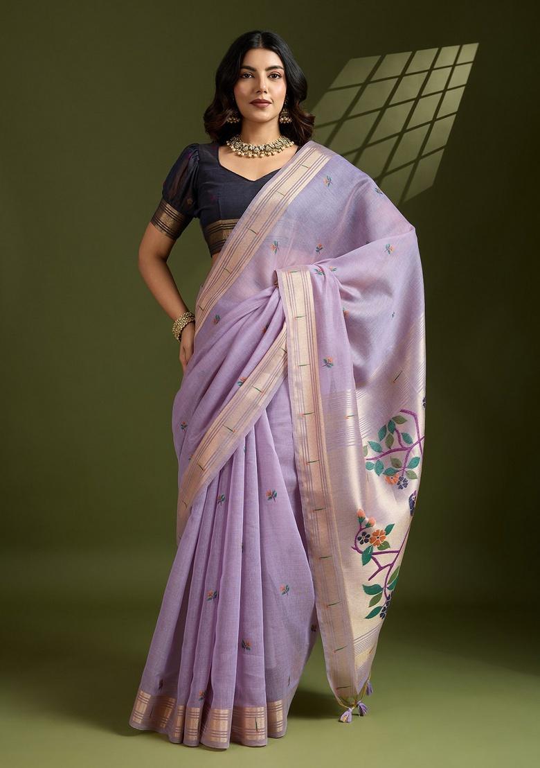 Lavender Zari Work Cotton Saree Set - Indya