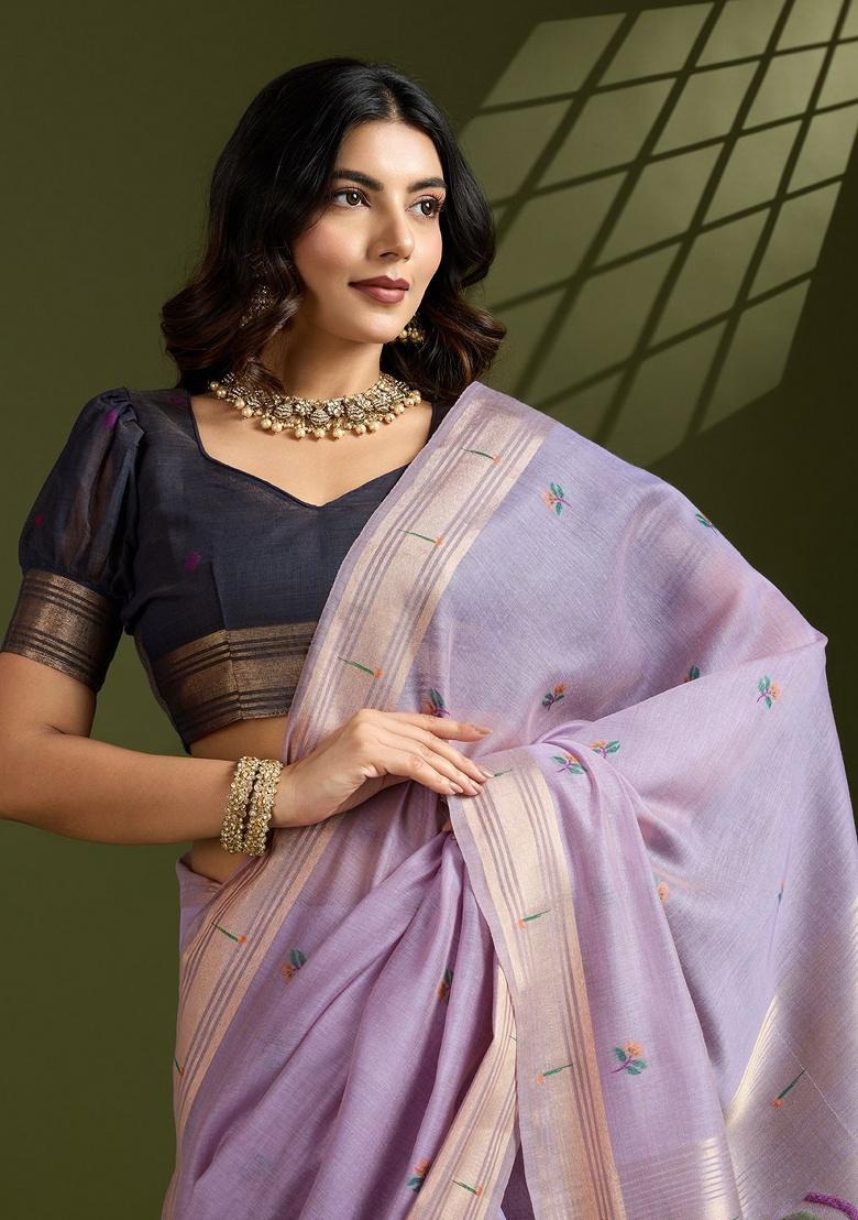 Lavender Zari Work Cotton Saree Set - Indya