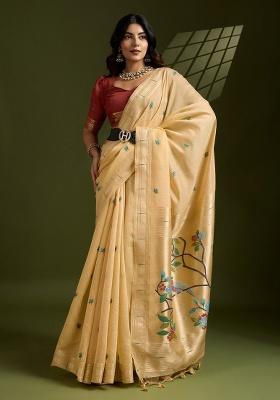 Peach Zari Work Cotton Saree Set
