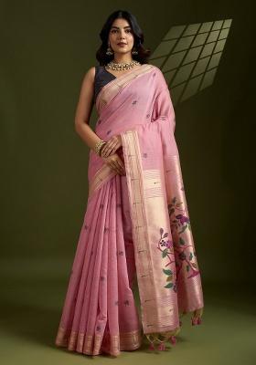 Pink Zari Work Cotton Saree Set