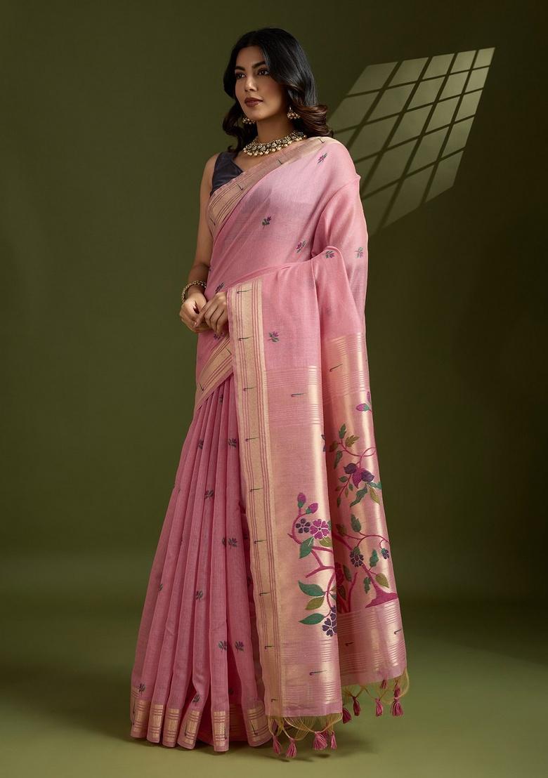 Pink Zari Work Cotton Saree Set - Indya
