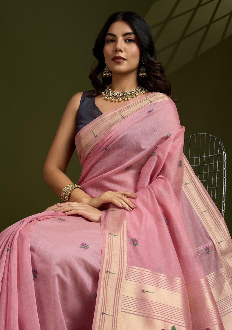 Pink Zari Work Cotton Saree Set - Indya