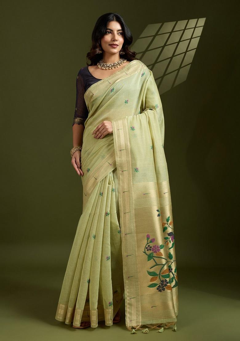 Pista Zari Work Cotton Saree Set - Indya