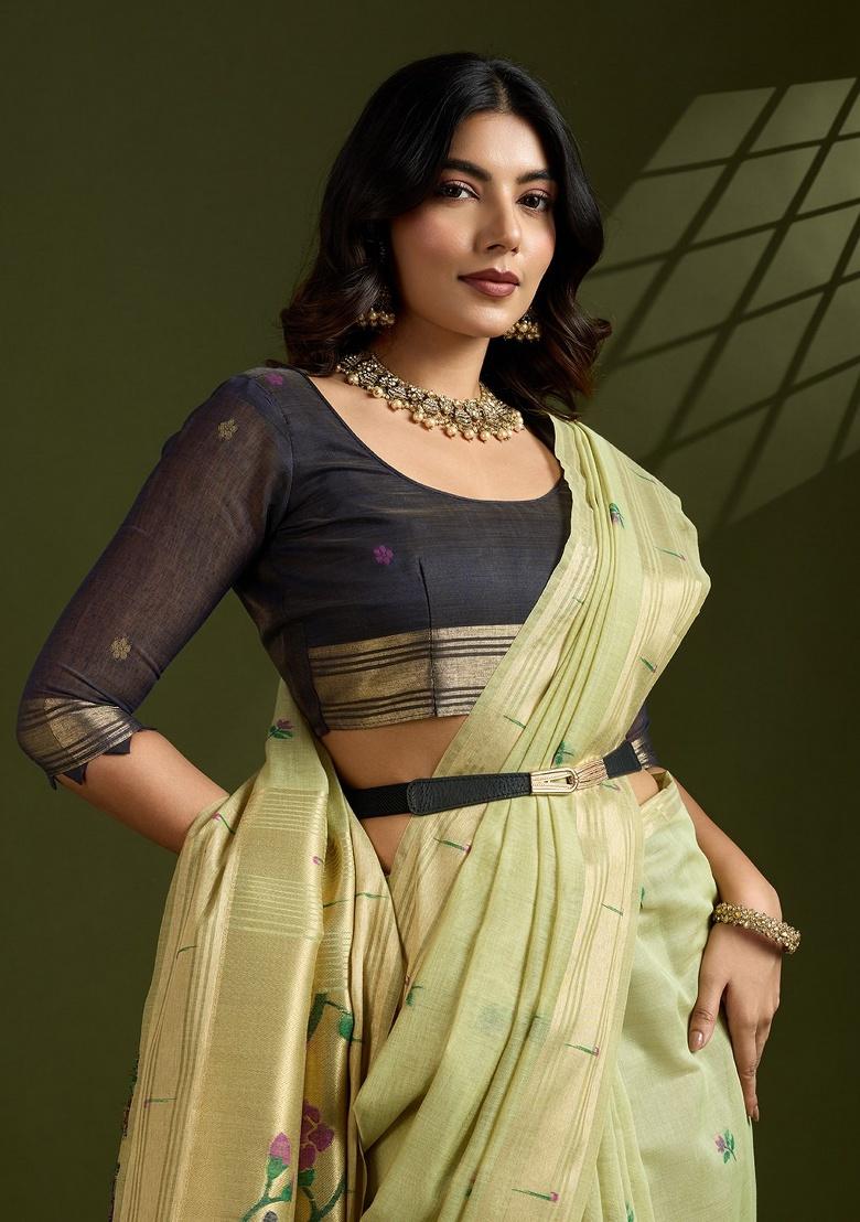 Pista Zari Work Cotton Saree Set - Indya