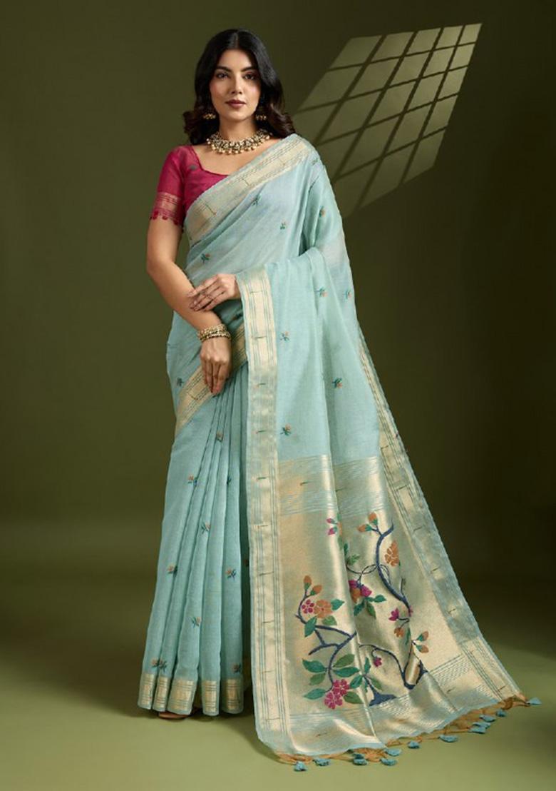 Sky Blue Zari Work Cotton Saree Set - Indya