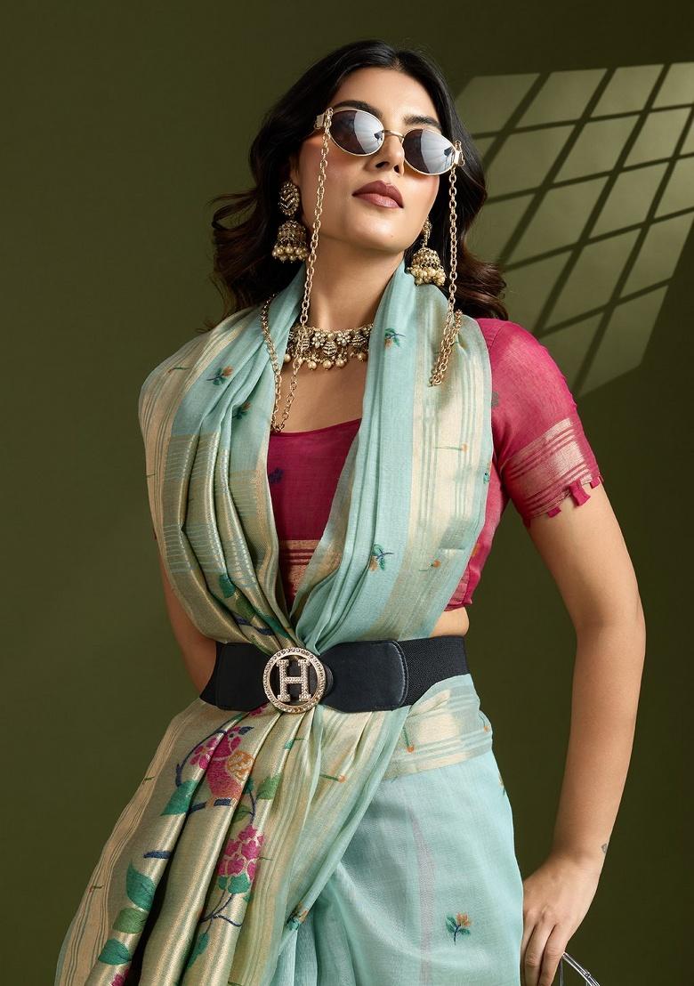 Sky Blue Zari Work Cotton Saree Set - Indya