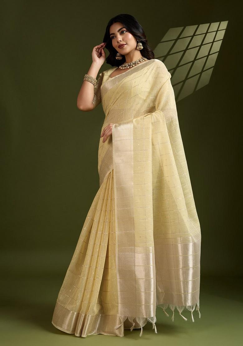 Cream Zari Work Silk Saree Set - Indya
