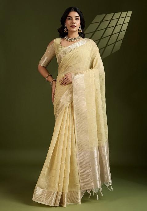 Cream Zari Work Silk Saree Set