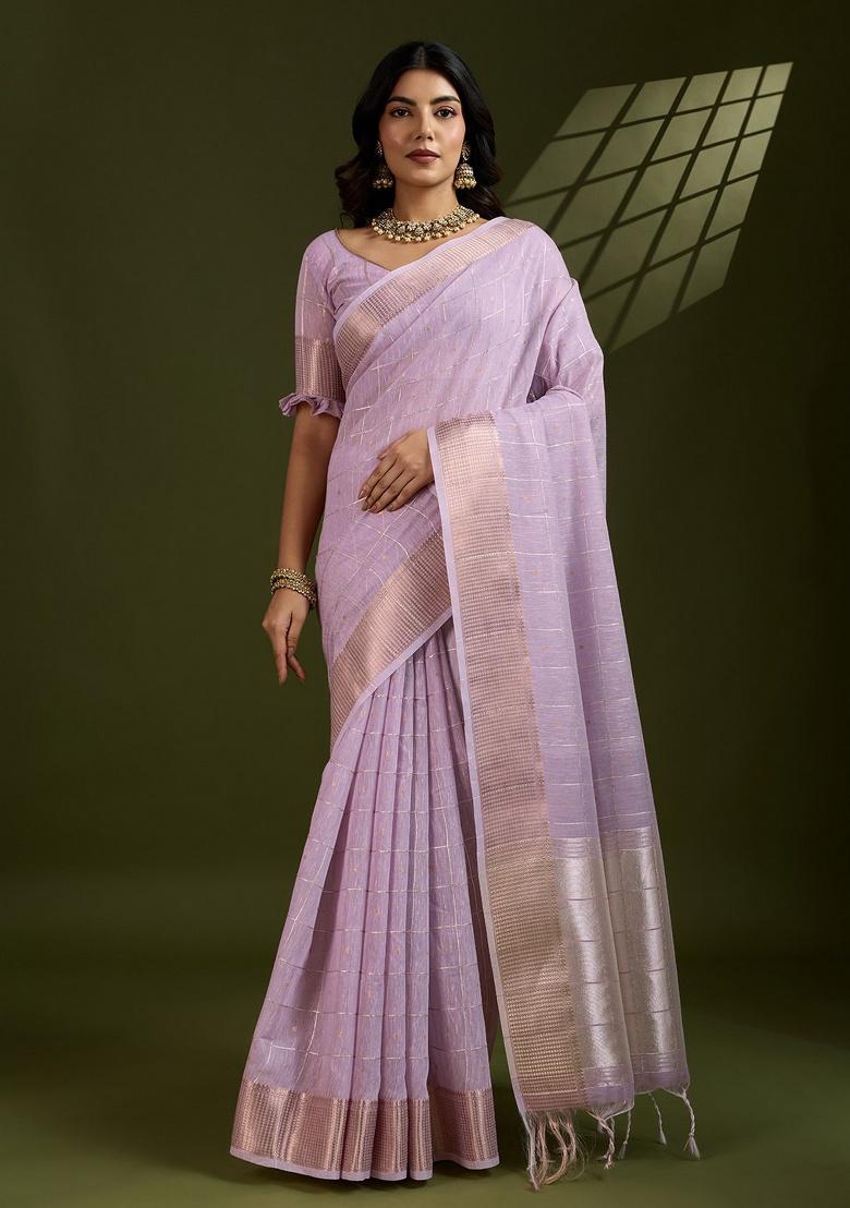 Lavender Zari Work Silk Saree Set - Indya