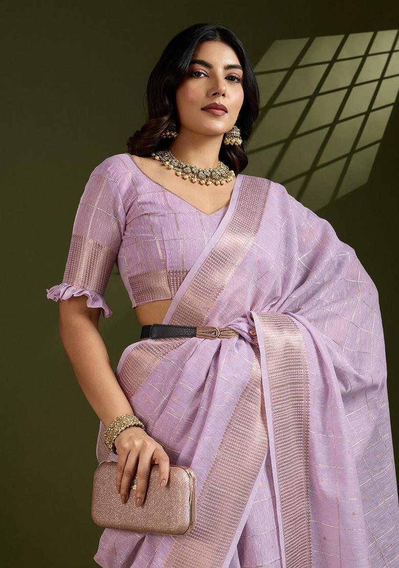 Lavender Zari Work Silk Saree Set - Indya