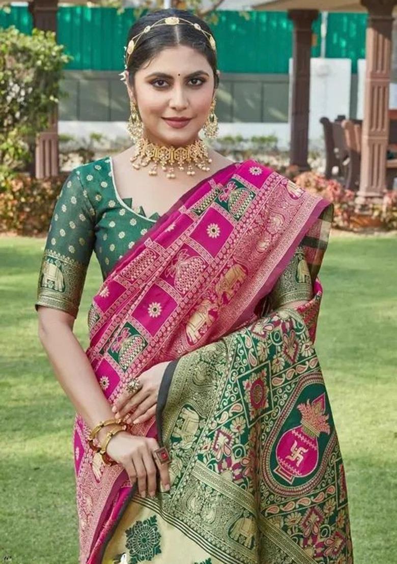 Pink Jacquard Work Silk Saree Set - Indya