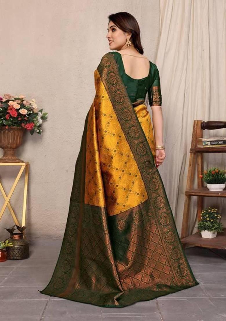Yellow Jacquard Work Silk Saree Set - Indya