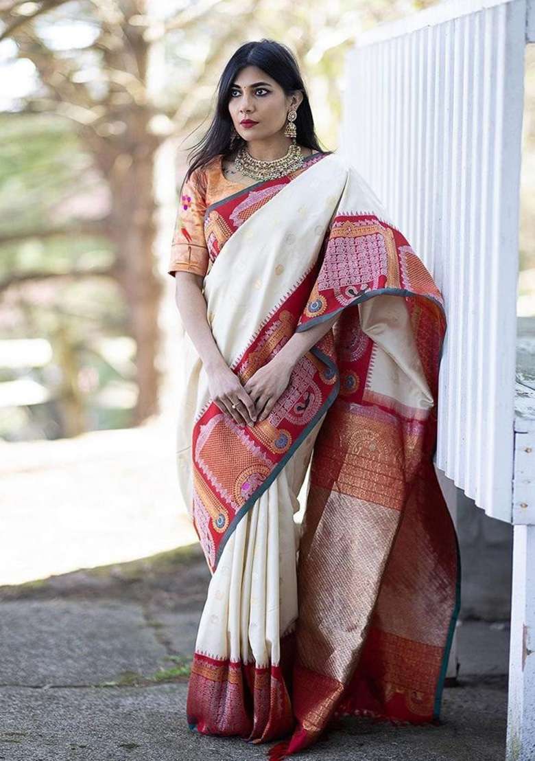 White Jacquard Work Silk Blend Saree Set for Diwali and Festive Wear - Indya