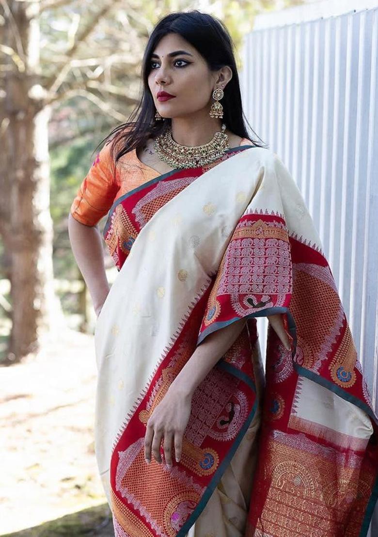 White Jacquard Work Silk Saree Set - Indya