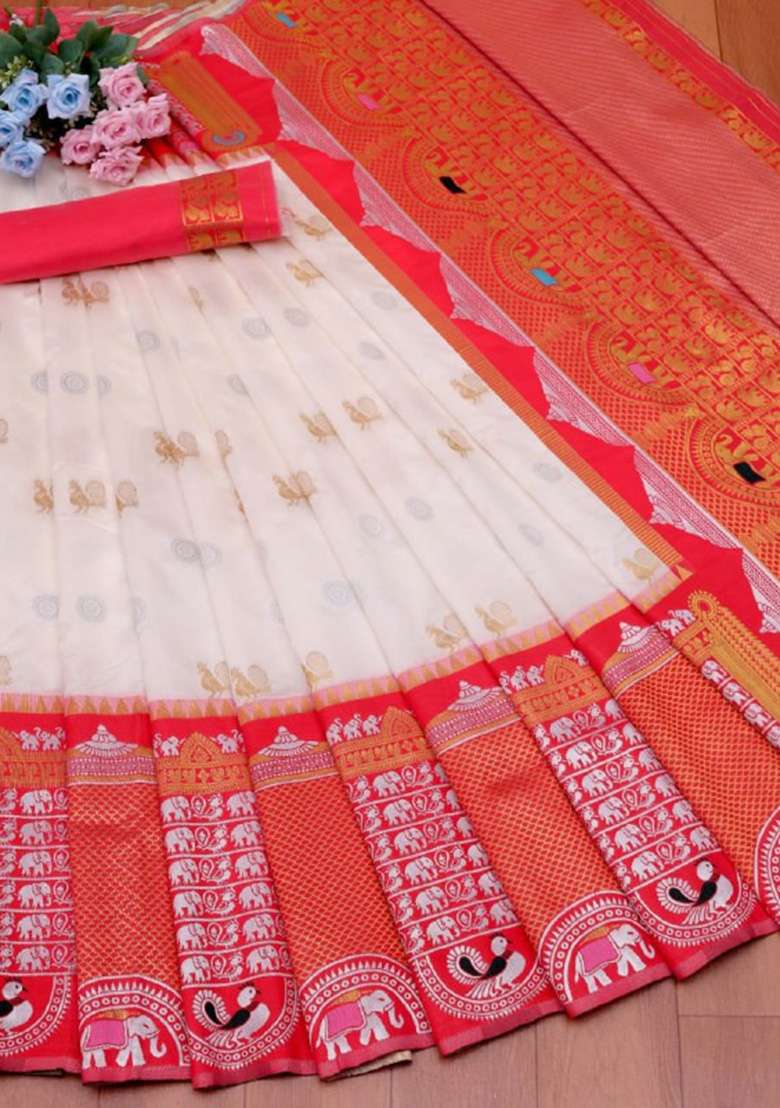 White Jacquard Work Silk Blend Saree Set for Diwali and Festive Wear - Indya