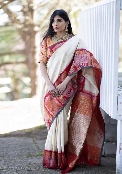 White Jacquard Work Silk Saree Set