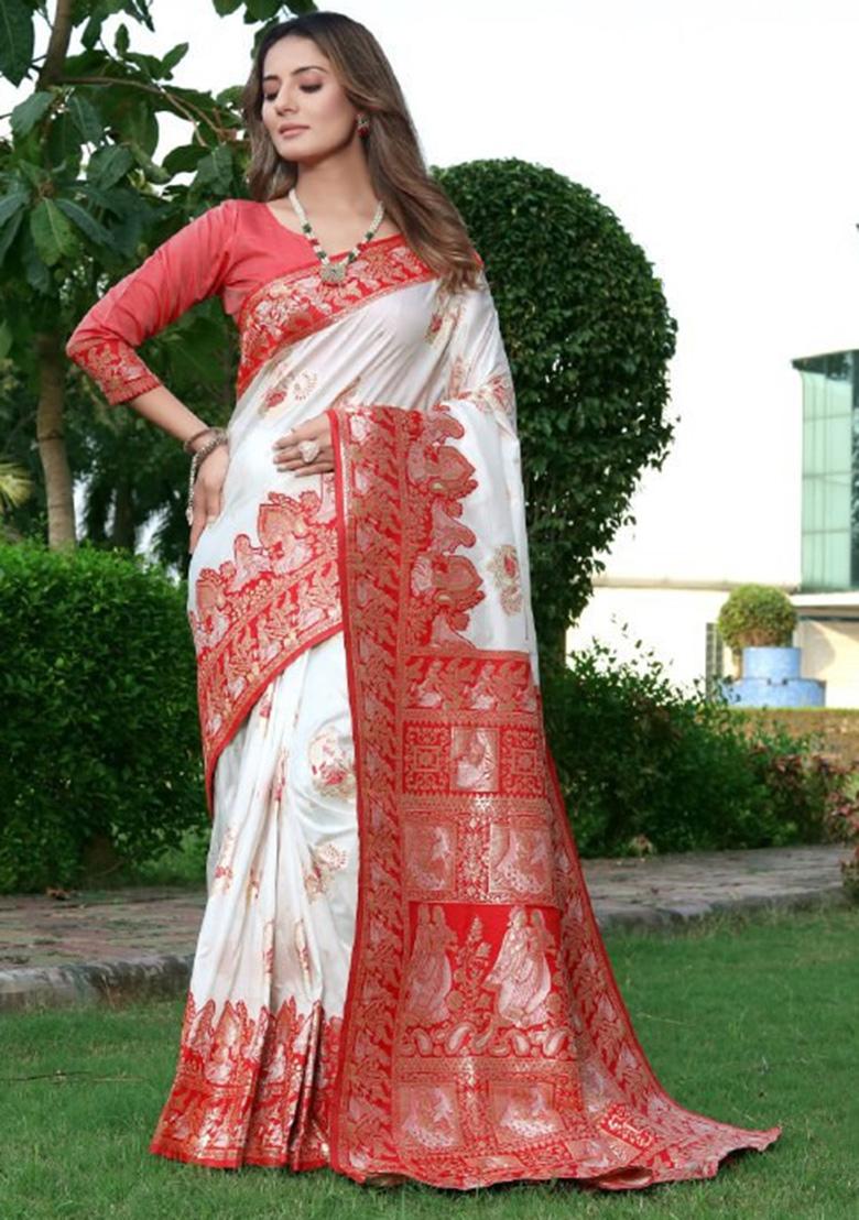 White Jacquard Work Silk Saree Set - Indya