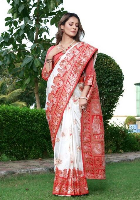 White Jacquard Work Silk Saree Set