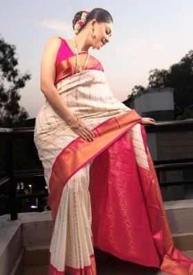 Off White Jacquard Work Silk Saree Set