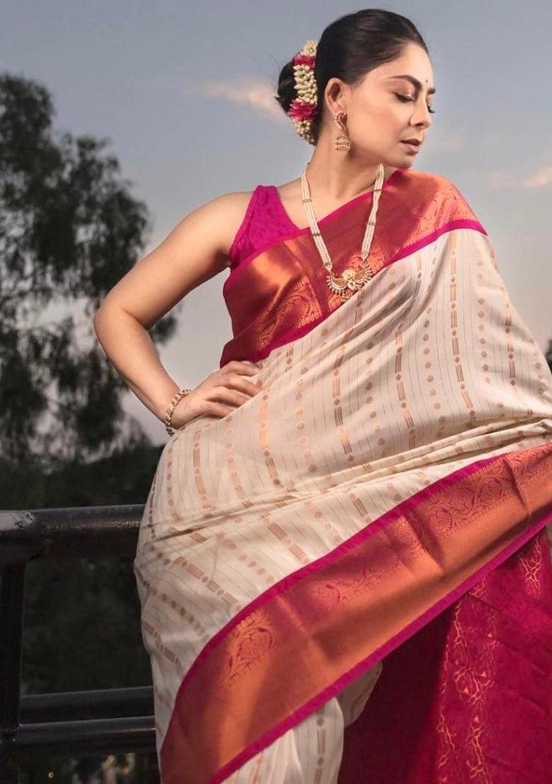 Off White Jacquard Work Silk Saree Set - Indya