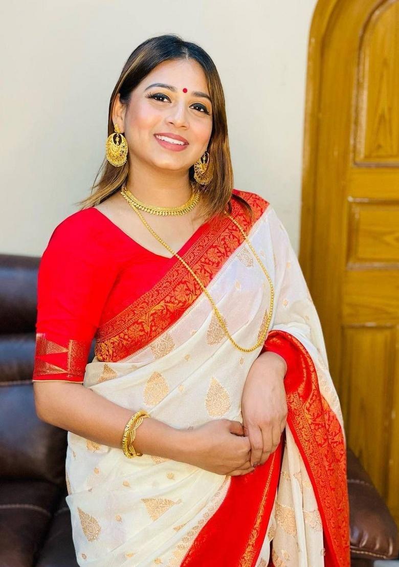 White Jacquard Work Silk Saree Set - Indya