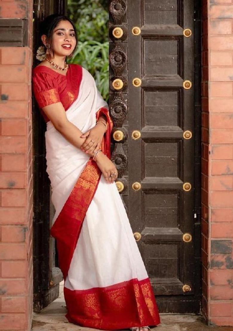 White Jacquard Work Silk Saree Set - Indya