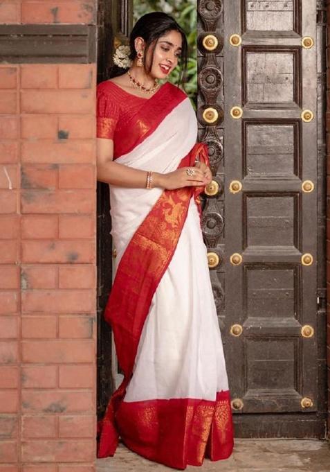 White Jacquard Work Silk Saree Set