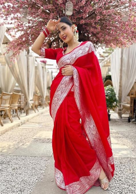 Red Jacquard Work Silk Saree Set