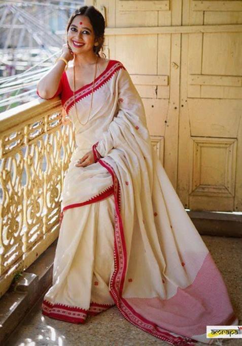 White Jacquard Work Silk Saree Set