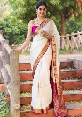 White Jacquard Work Silk Saree Set