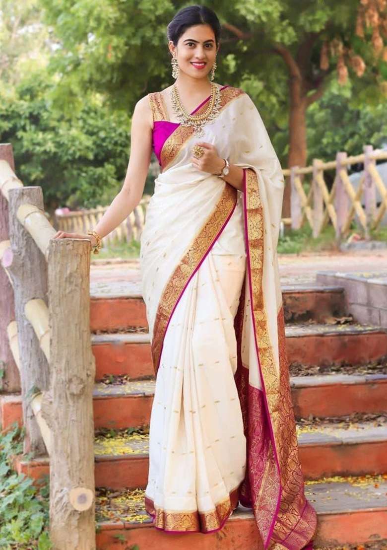 White Jacquard Work Silk Blend Saree Set for Diwali and Festive Wear - Indya