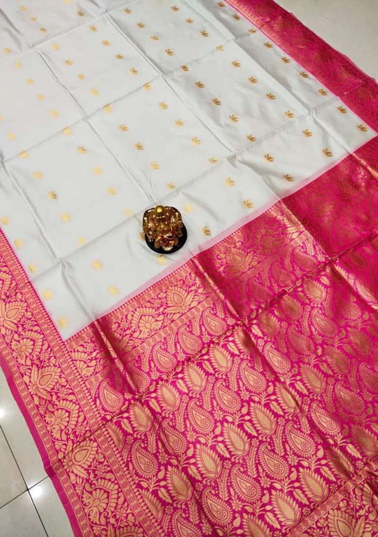 White Jacquard Work Silk Blend Saree Set for Diwali and Festive Wear - Indya
