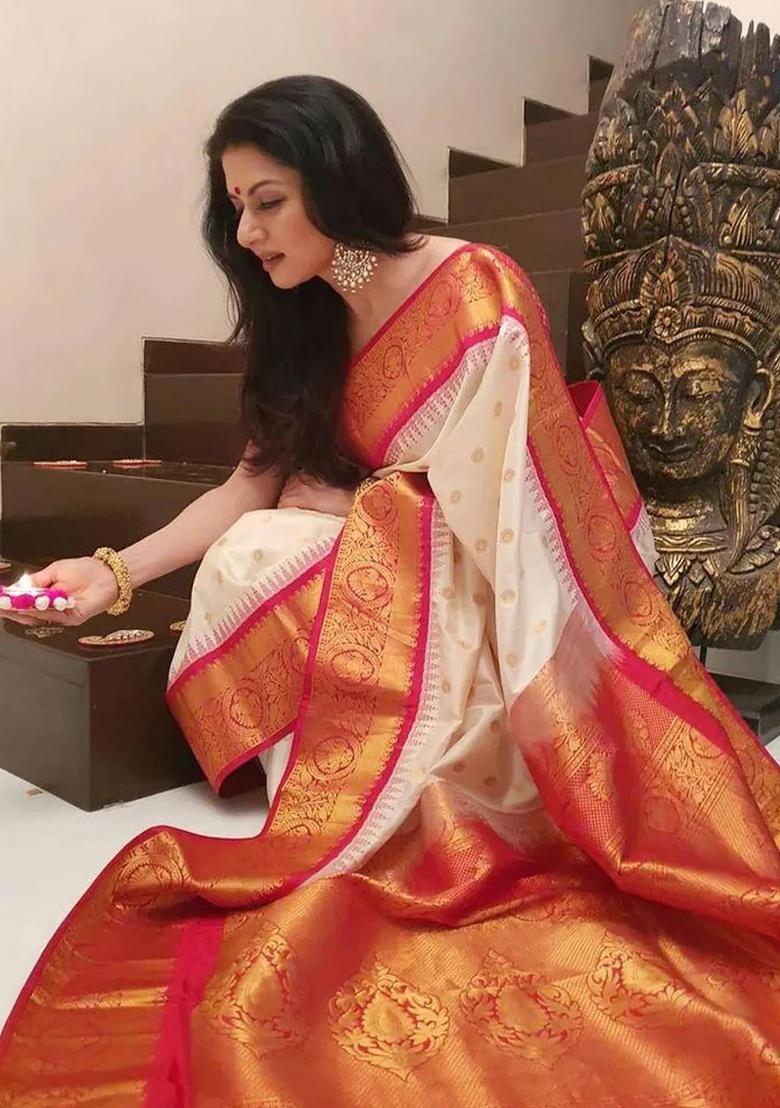 White Jacquard Work Silk Saree Set - Indya