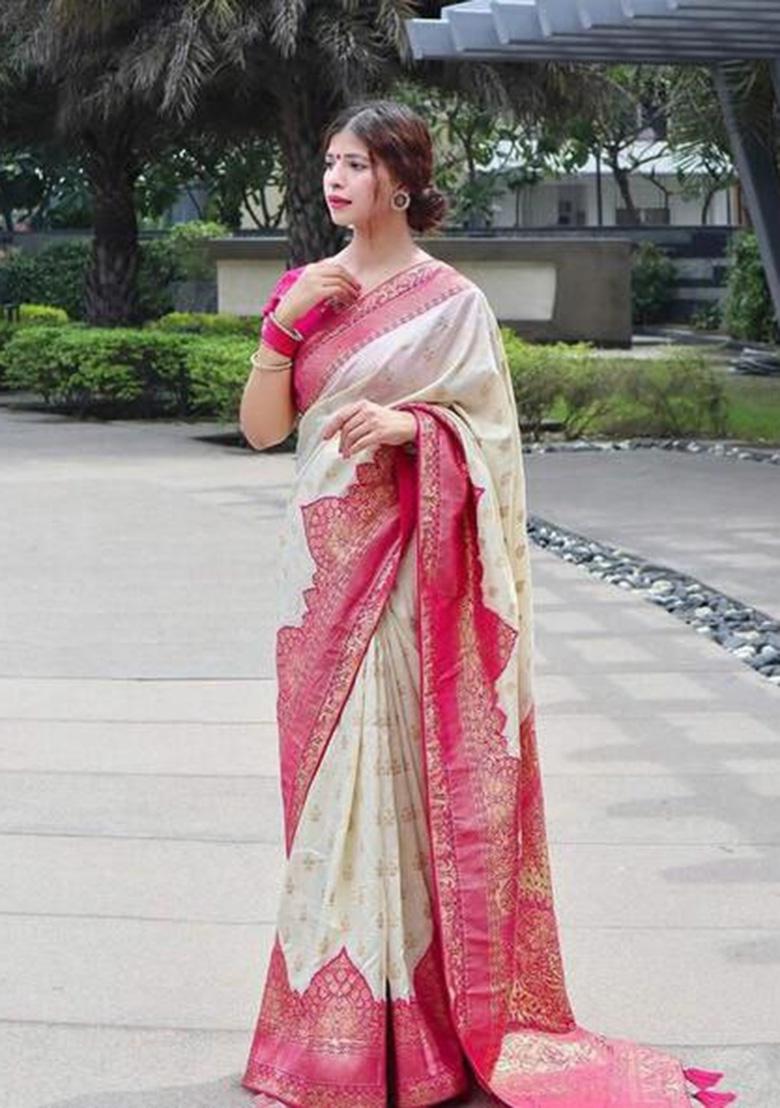 Cream Jacquard Work Silk Saree Set - Indya
