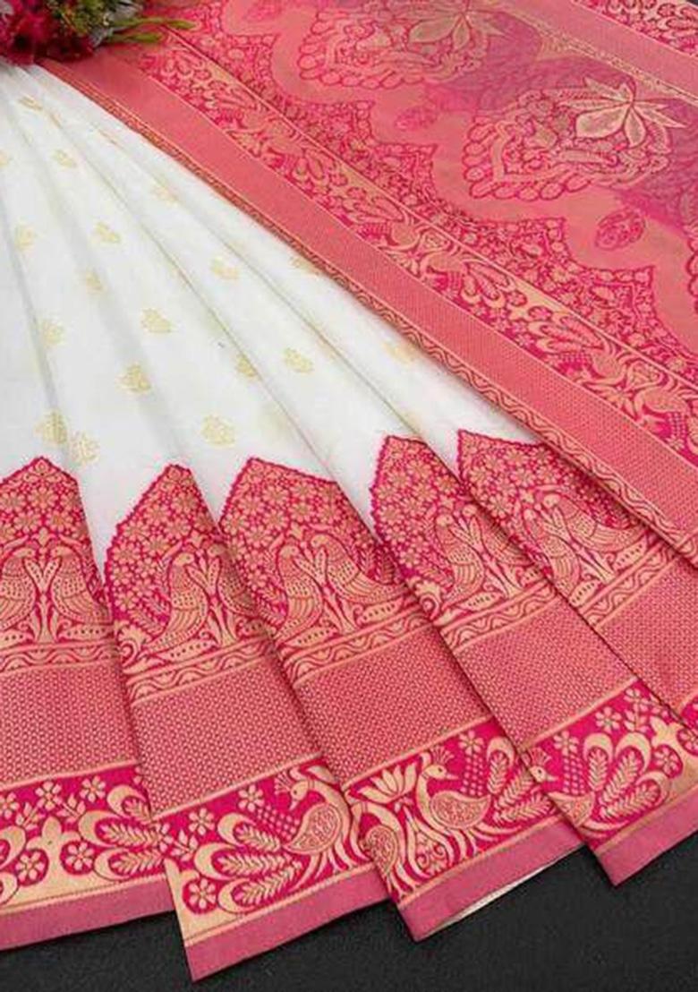 Cream Jacquard Work Silk Saree Set - Indya