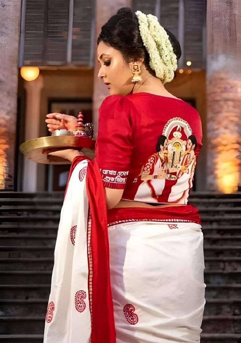 White Jacquard Work Silk Saree Set - Indya
