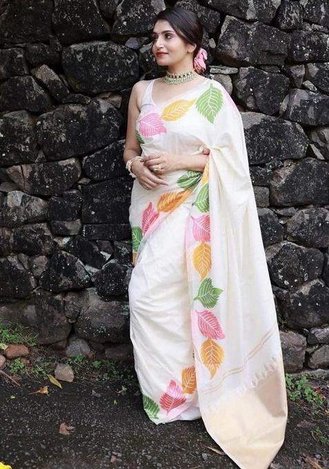 White Jacquard Work Silk Saree Set