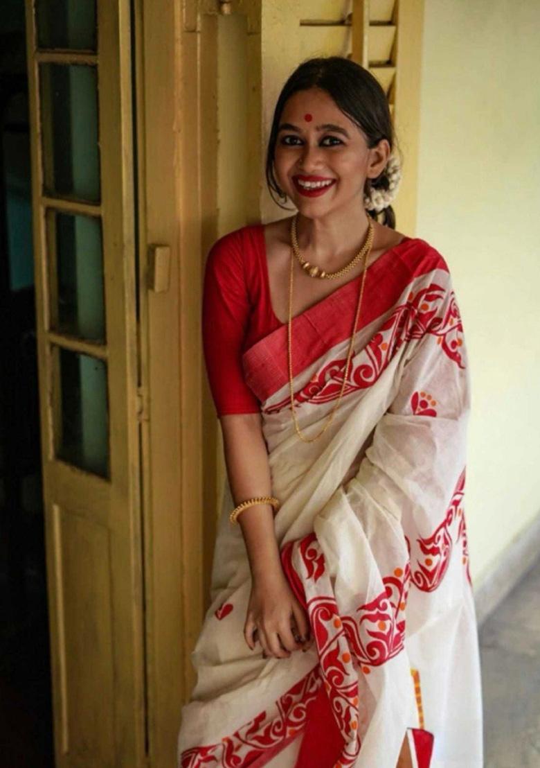 White Jacquard Work Silk Saree Set - Indya