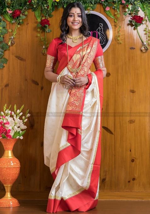 White Jacquard Work Silk Saree Set